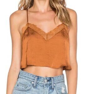 Free People Rust Orange Satin Lace-Trim Cropped Cami